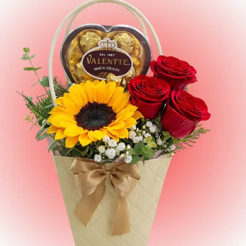 Cartera de 3 rosas 1 girasol y chocolate 3 unidades
