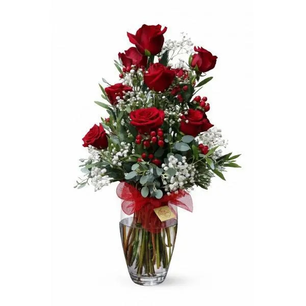Arreglo 12 rosas rojas en florero