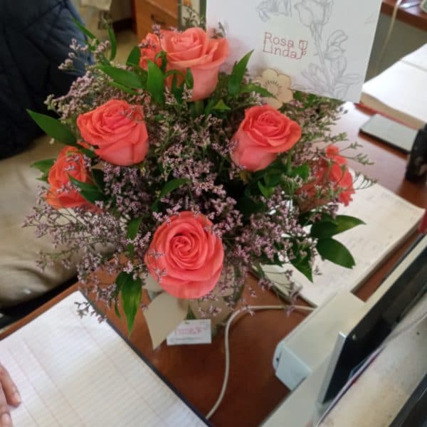 Julieta en Ánfora - Florero con 10 rosas naranjo y limonium