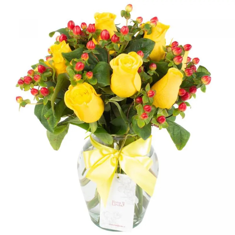 Antonia en Ánfora - florero con 9 rosas amarillo e hypericum