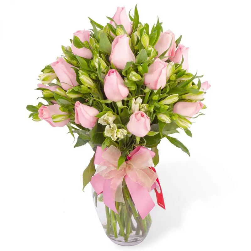 Amor rosado en anfora - Florero con rosas rosadas y astromelias