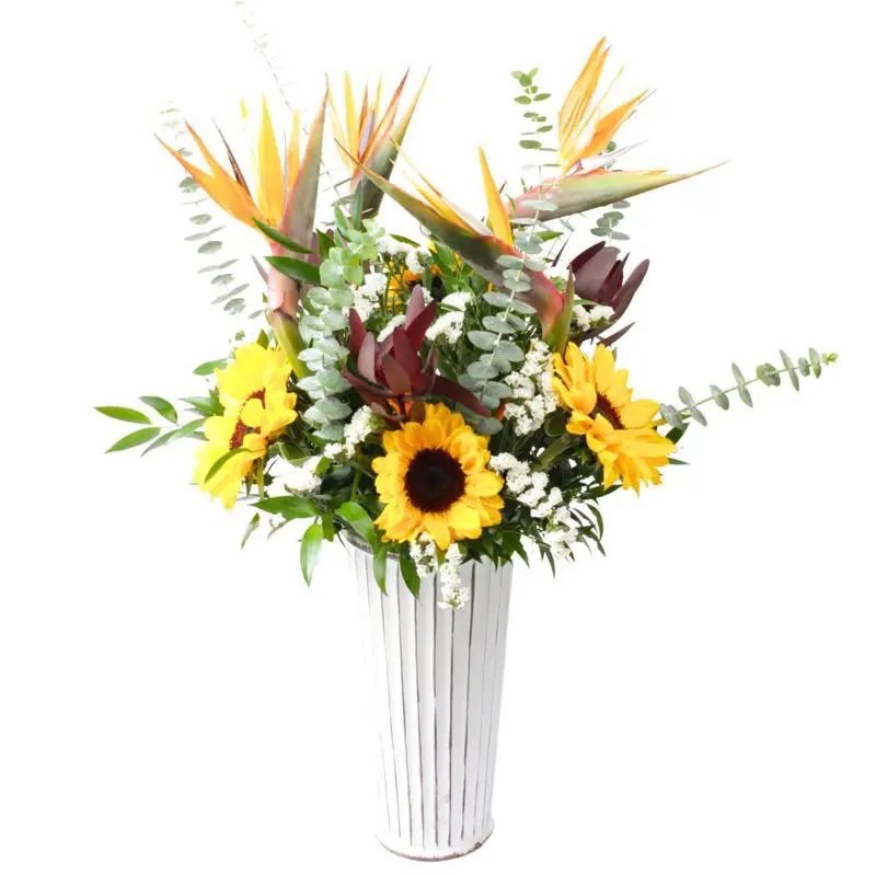Verónica - Arreglo floral grande con aves del paraíso, girasoles, eucalipto, leucadendro, estate y follaje