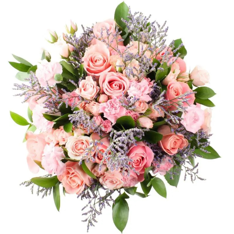 Sakura - Ramo de rosas, mini rosas, mini claveles y limonium en tonos rosados