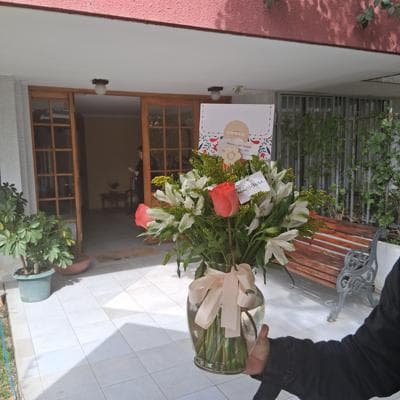 Ágata Naranjo y Blanco en florero - rosas, astromelias