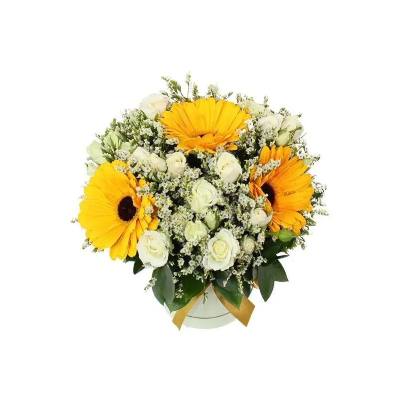 Mariana en sombrerero amarillo - Arreglo floral con gerberas amarillo, minirosas y limonium
