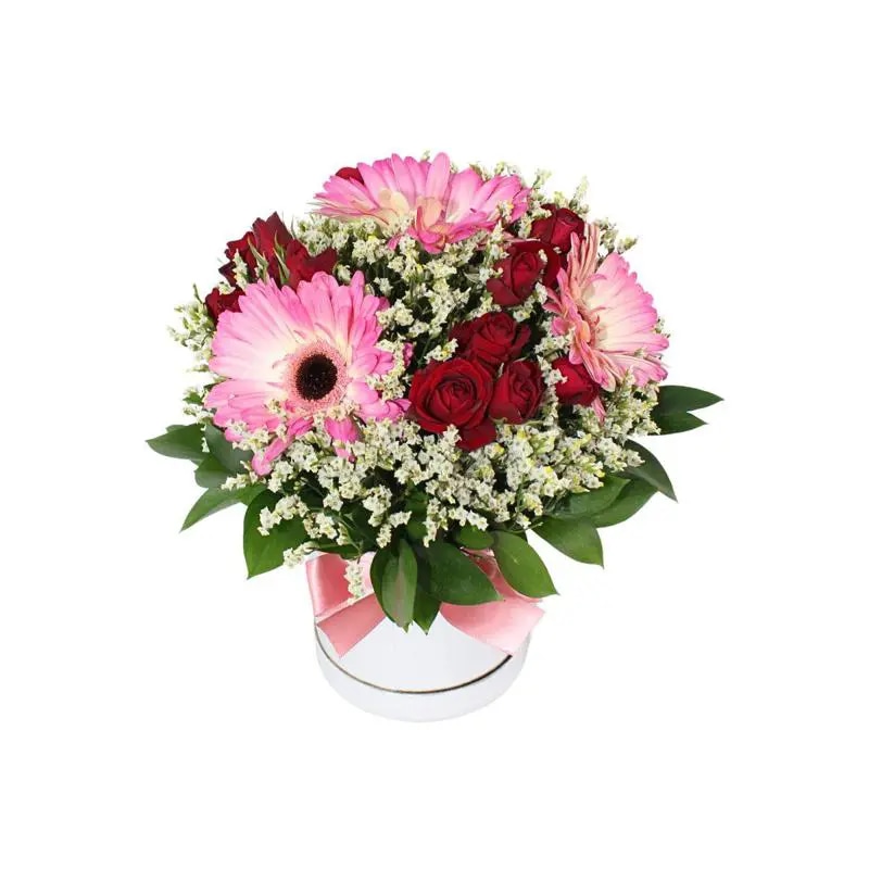 Mariana en sombrerero rosado - Arreglo floral con gerberas rosado, minirosas y limonium