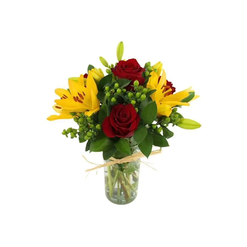 No Me Olvides Florero Rojo - Florero con rosas Rojo, liliums Amarillo e hypericum