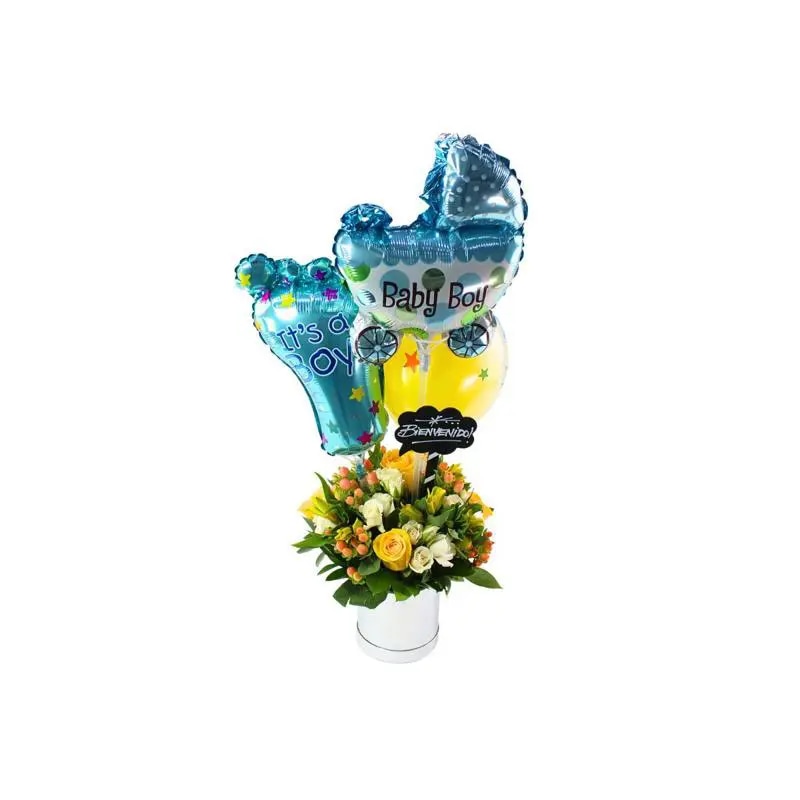 Bienvenido bebé - Arreglo floral con globos, rosas amarillo, minirosas blanco, astromelias e hypericum
