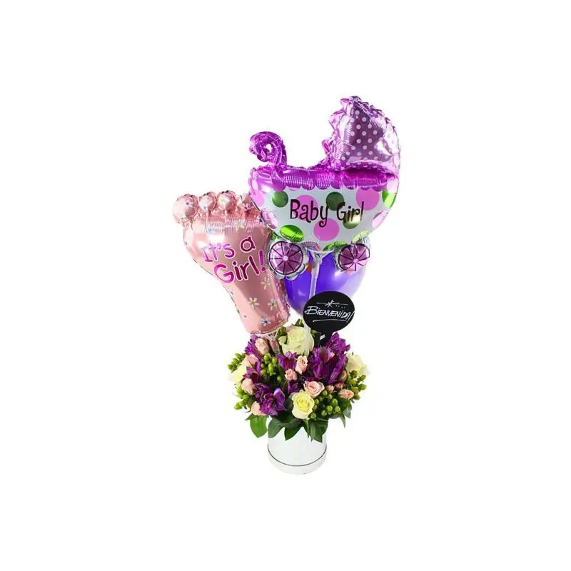 Bienvenida bebé - Arreglo floral con globos, rosas blanci, minirosas rosado, astromelias morado e hypericum