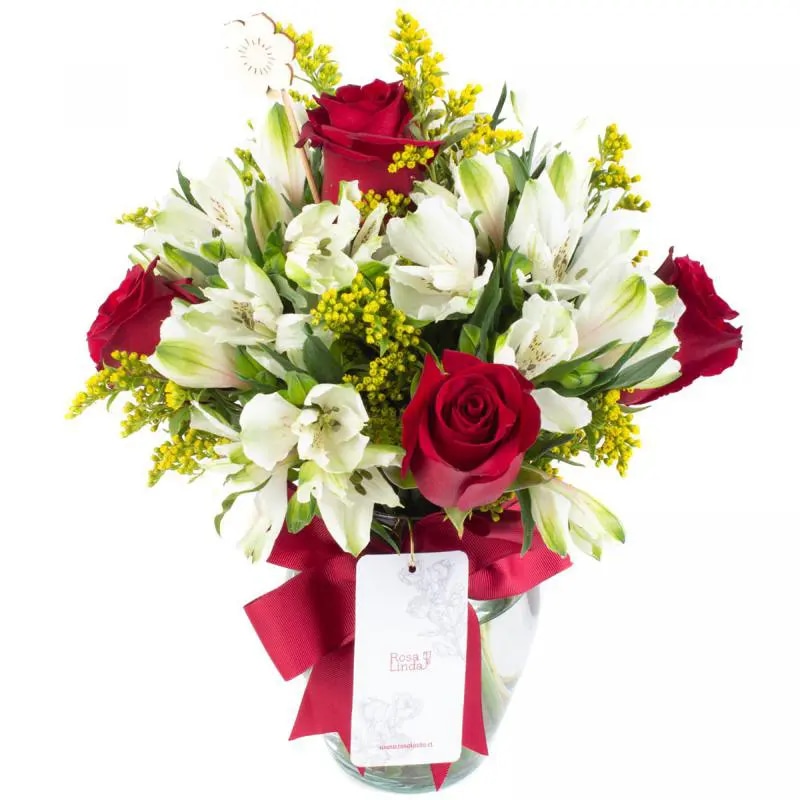 Ágata Rojo y Blanco en florero - rosas y astromelias