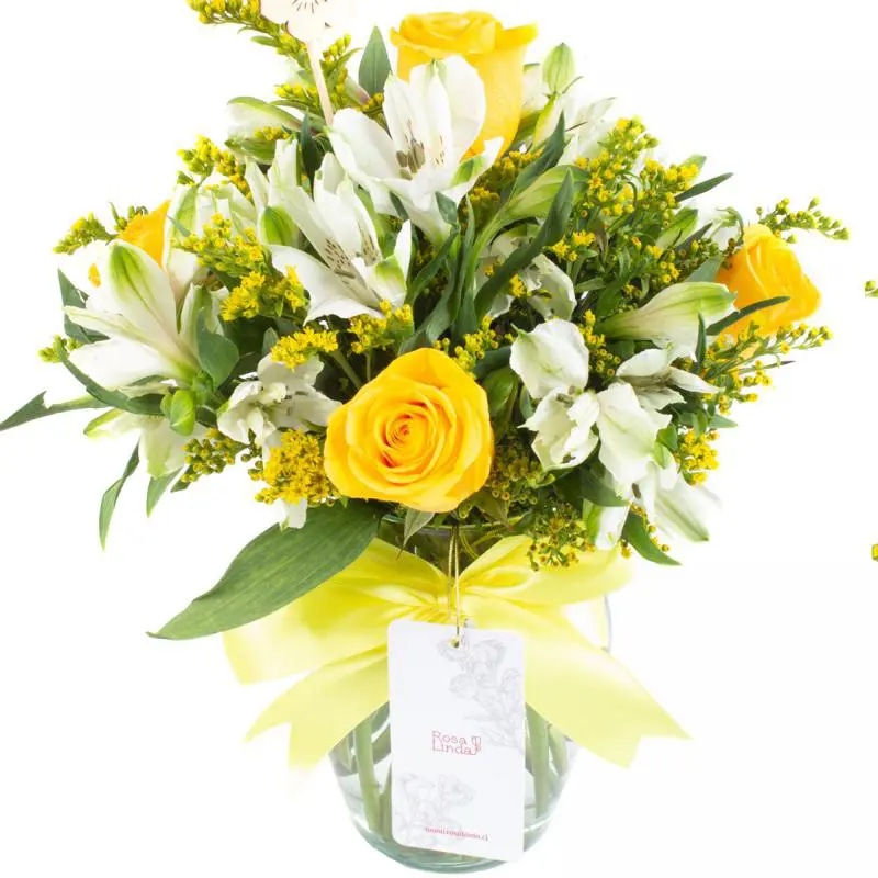Ágata Amarillo y Blanco en florero - rosas, astromelias