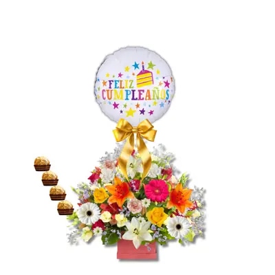 Caja Primaveral con Globo de Cumpleaños y Bombones🎈🌸